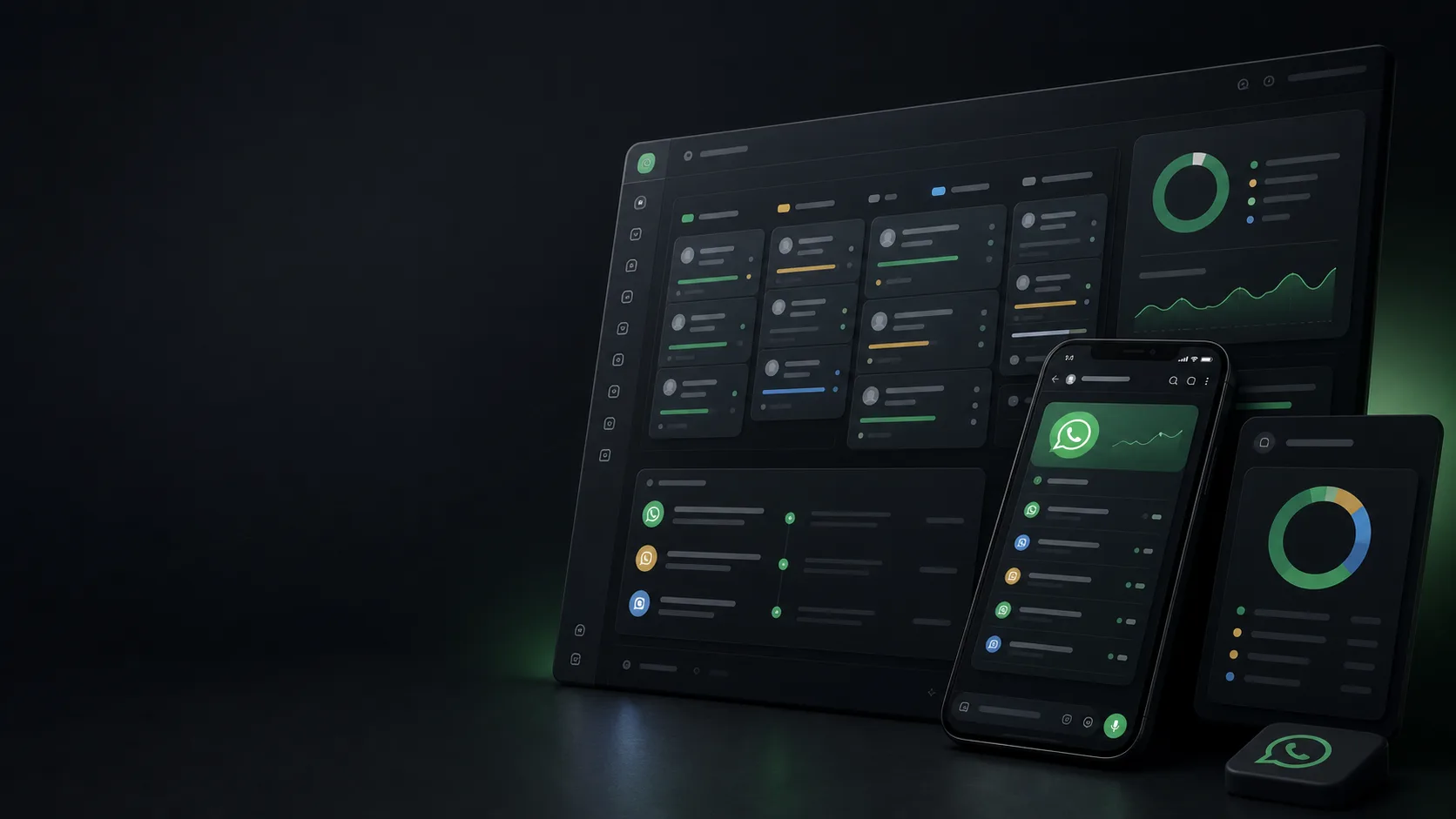 Dark CRM pipeline dashboard with WhatsApp report panels